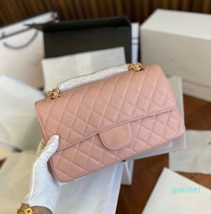 Tasarımcı-Pink Klasik Çift Cowhide Flep Dikdörtgen Çantalar Yeşil Havyar Buzağı Deri Altın Metal Donanım Turn Kilidi Kapitone Crossbody Omuz Çantaları