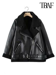 Women's Jackets TRAF Women Fashion Thick Warm Winter Fur Faux Leather Oversized Jacket Coat Vintage Long Sleeve Female Outerwear Chic Tops 230301