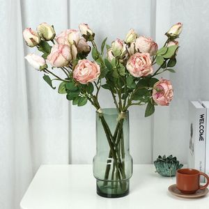 Fiori decorativi artificiali a 3 rose con finto gambo lungo secco seta vera tocco per le decorazioni per matrimoni domestiche