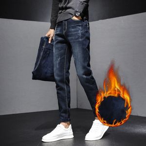 Herr jeans vinter mäns fleece varm affär jeans klassisk stil mode rak stretch denim varma byxor manliga märke byxor svart blå 230302