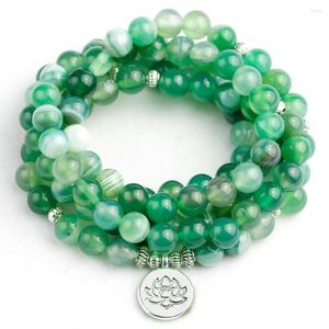 Strand Natural Green Stripe Onyx Stone Beades con Lotus Buddha Charm Pendent Bracciale Boho 108 Collana donna Goccia di gioielli