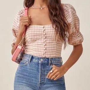 Kvinnors blusar 2023 Pink White Check Plaid Print Croped Shirt Retro Elastic Ruched Back Square Collar Kort ärm Blussank