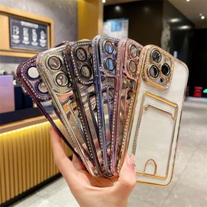 Moda Elmas Telefon Kılıfları Lüks iPhone 14 Pro Max Plus iPhone14 13 12 11 Kart Sahibinin Darbeye Dayanıklı Kamera Lensi Koruyucu TPU Yumuşak Arka Kapaklı