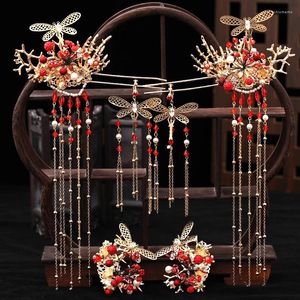 Brincos de colar Conjunto de noiva chinesa tiara red toubeador de borboleta clássica tassel clipe de cabelo pente de gabar