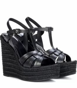 Marcas de luxo Sandália feminina sapatos de salto alto cunhas sandálias alpercatas de cunha couro tributo design de luxo verão salto alto preto branco couros caixa de bomba 35-43