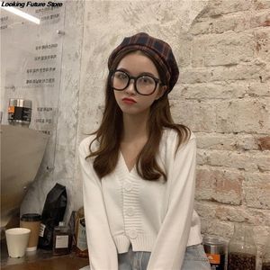 Women's Knits Tees Knitted Crop Cardigan Women Korean Short Sweater Long sleeve V neck Cardigan Green Blueexpose Waist Women Clothing 230302