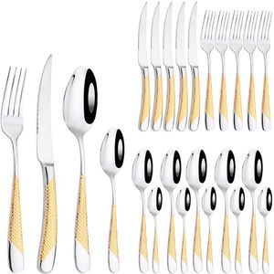 Dinnerware Sets AJOYOUS 24Pcs Set Fork Knife Spoon Stainless Steel Flatware Vintage Tableware Kitchen Silverware Mirror Cutlery