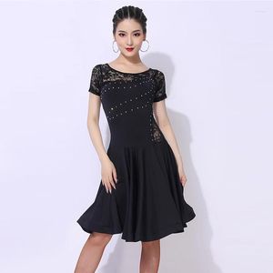 Stage Wear Latin Dance Performance Dress Lace Stitching Women Summer Tango Competition Costume ChaCha Rhinestone Dancing Clothes YS1687