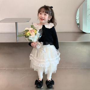 衣類セット子供2023春のファッショナブルな女の子韓国スタイルレースカラーニットカーディガンフェイク2ガーゼスカートパンツキッズ