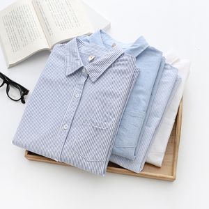 Women's Blouses Shirts Cotton Women's Oxford Shirt Autumn Ladies Casual Blouse and Tops College Style Lady Blue White Striped Shirts Clothes 230302