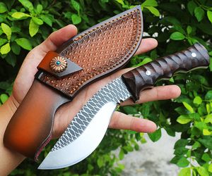 Top Quality Fixed Blade Knife 9Cr18Mov Satin Blade Full Tang Red sandalwood Handle Survival Tactical Knives With Leather Sheath M06540