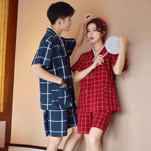 Kadın pijama 2023 Kadın Spa Pamuk Japon Kimono Güneş Masası Pijamalar Set Lover's Men Ekose Top Şort Takım Mesaj Giysileri