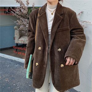 Kvinnors kostymer Blazers Autumn Winter Quilted Corduroy Blazers Women Fashion Vintage Brown Blazer Female Korean Casual Loose Suit Jacket Chic 230302