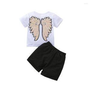 Zestawy odzieży Dziewczyny Letni krótkie rękawowe Wardowe Skrzydła T-shirt Set Ubrania dla dzieci Dwupoziomowy strój