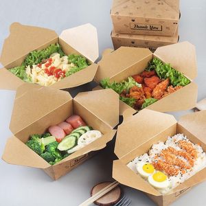Servis uppsättningar Kraft Paper Meal Box Container Lunch Breakfast Take-Out Bowl Fruitsnack Carry-On Holder med lock Waterproof Sallad