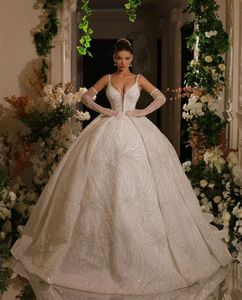 Sparkly Ball Gown Wedding Dresses V Neck Long Sleeves Spaghetti Straps Sequins Appliques Floor Length Beaded Ruffles Formal Dresses Gowns Bridal Gowns Plus Size