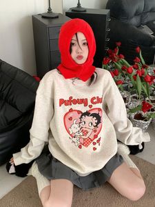 Kadın Hoodies Sweatshirts Retro Karikatür Mektubu Baskı Gevşek Sweatshirt Japon Harajuku Ulzzang Kadın Koreli Sevimli Giyim 230302