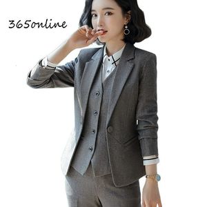 Abiti da donna Blazer Disegni uniformi formali Tailleur pantalone per donna Abiti da lavoro da lavoro Abiti Autunno Inverno Blazer da ufficio da donna professionali Set grigio 230302