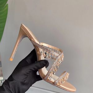 Crystal Chandelier Embellished Strap Slippers Rene caovilla Rhinestone Spool Heel Women's Heels Designers Heeled Sandals Size 35-43 With Box