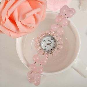 Armbanduhren Mode Natur Schmuck Rosenquarzuhr für Frauen Handgelenk Armbanduhr Mädchen Studenten Geschenke Rosa Armband