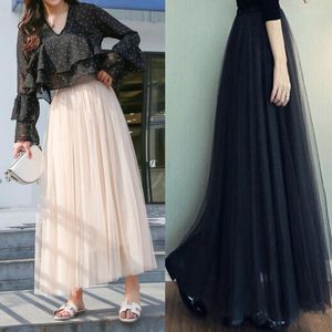 Skirts Three-Layer Mesh Women's Spring Autumn Mid-Length Ball Gown Skirt Fairy White Black Pink Pleated A-Line Long