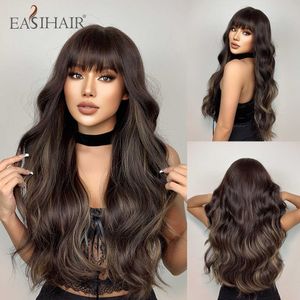 Syntetiska peruker Easihair Long Wavy Brown Syntetiska peruker Blondhightlights naturligt hår för kvinnor med lugg dagligen cosplay värmebeständig 230227