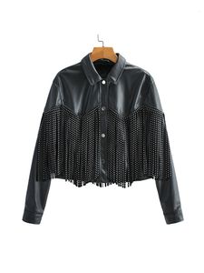 Kvinnors jackor ftlzz Autumn Winter Tassel Rivet faux läder korta kvinnor lös moto cykel mjuk pu kappa enkelbröstade utkläder 230302