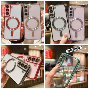 Magnetic Wireless Charging Cases For Samsung S23 Ultra S22 Plus Luxury Bling CD Grain Chromed Soft TPU Plating Clear Camera Lens Protector Fine Hole Phone Back Cover