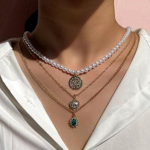 Chains Layered Gold Color Round Coin Pearl Beaded Necklace For Women Green Crystal Flower Heart Pendant Set Party Jewelry Gift