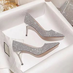 Dress Shoes High Heels Women Wedding Shoes Bride Gold Heels Luxury Designer Elegant Party Sandals Dress Strip Pole Dance Sexy Silver Heels 230302