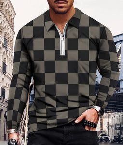 Herrpolos 2023 Spring Summer Long Sleeve Polo Shirt Casual dragkedja Tshirt Geometric Splicing Printed Clothes Top Street Golf 230302