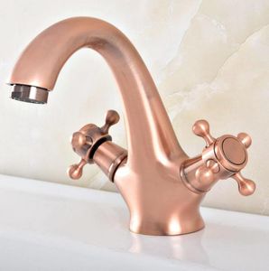 Bathroom Sink Faucets Antique Red Copper Brass Deck Mounted Dual Handles Single Hole Basin Faucet Mixer Water Taps Msf825