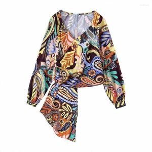 Kvinnor Bluses Zaa Fall 2023 Kvinnors mode Retro Casual V-Neck Hem Decoration Chic Elegant Print Double Front Pullover Blouse