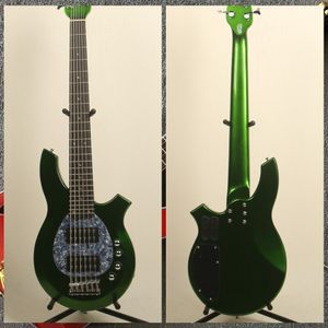 Anpassade 6 strängar Metallic Green Electric Bass Guitar HH Pickups Chrome Hardware