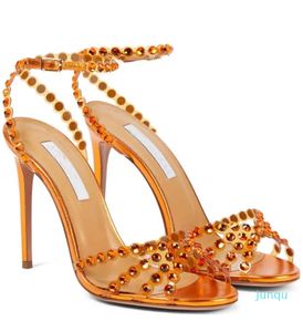 여름 고급 브랜드 Tequila Sandals 신발 Crystal-embellishments 웨딩 신부 여성 검투사 샌들 리아 절묘한 이브닝 펌프 EU35-43