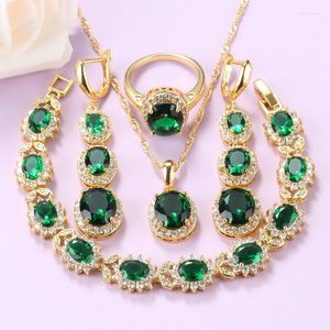 Necklace Earrings Set African Beaded Wedding Jewelry Gold-Color Green Cubic Zirconia Long Bracelet And Ring Women Sets