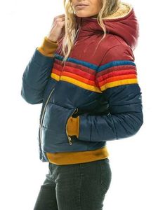 giacca firmata donna 2023 Giacca invernale da donna sottile con cappuccio Parka stampato arcobaleno a righe in cotone per cappotto taglie forti