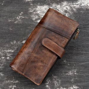 Wallets POOLOOS Vintage Fashion Wax Oil Skin Long Purse Genuine Leather Notecase For Ladies Girls 2 Folds Wallet RIFD Men