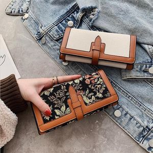 Factory whole women handbag elegant canvas jacquard long wallet folding color matching leather wallets street fashion leathers331u