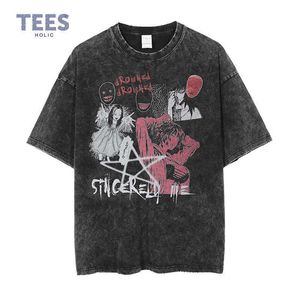 Men's T-Shirts Anime Tomie Printed T-shirts Harajuku Vintage Washed Kawakami Tomie Tops Tees Streetwear Manga Oversized T Shirt Men 100% Cotton G230301