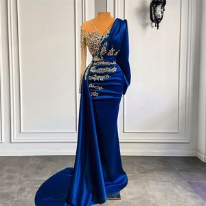 Party Dresses Luxury Long Sleeve Evening Sparkly Crystals Elegant Mermaid Royal Blue Satin Dubai Women Formal Gowns 230301