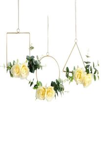 Декоративные цветы венки 3pcs цветочные обручи венки висят гирлянда искусственная шелковая роза и листья металлическое кольцо со светодиодным светом для 7895161