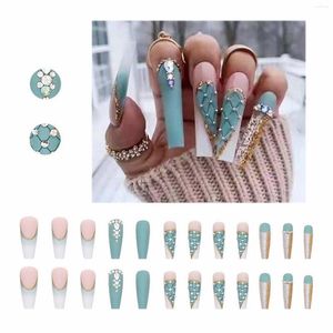 False Nails Nail Patch Long Ballet Finished Haze Green Checkered Diamond Christmas Press On For Women Coffin Shaped