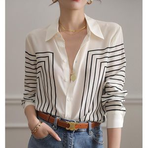 Bloups feminina camisas de moda Button Impresso de lapela Camisa listrada de roupas femininas Tops casuais de outono All-Match Lady Blouse 230302