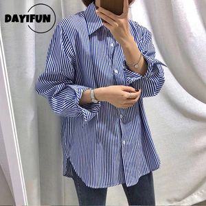 Bloups feminina camisas Dayifun Camisas Mulheres azul listradas solteiras estudantes simples blusas fêmeas moda chique em estilo coreano adolescentes de streetwear suaves 230302