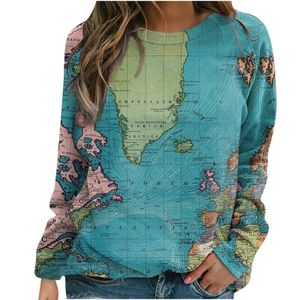 Women's Hoodies Sweatshirts World Map Printed Sweatshirt Fashion ONeck Long Sleeve Ladies Casual Sweater Autumn Winter for Women Tops 230302