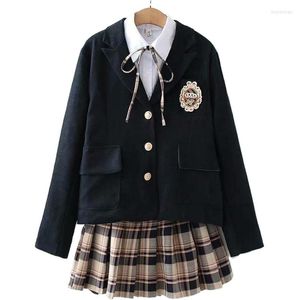 Work Dresses Korean Preppy Style Uniform Suit Jacket Shirt Plaid Pleated Skirt Casual 3 Piece Sets Girl Three 2011772