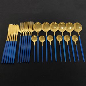 Dinnerware Sets 24Pcs Blue Gold Shiny Fork Spoon Knife Cutlery Stainless Steel Western Silverware For Kitchen Tableware 230302