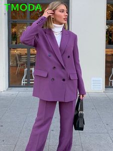 Women's Suits Blazers T MODA Women Vintage Purple Double Breasted Office Wear Blazer Coat High Waist Zipper Pants Female Outerwear Chic Sets 230302