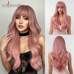Synthetic Wigs Easihair Pink Long Wavy Synthetic Wigs with Bangs Natural Wave Hair for Women Lolita Cute Cosplay Heat Resistant 230227